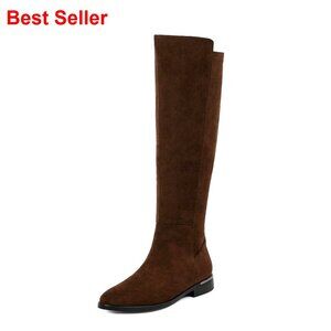 Knee High Boots Women Flat Rounded Toe Stretchy Side Zipper Dress Tall Boots